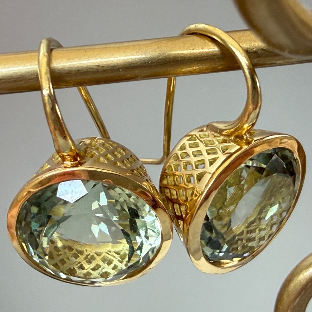 $4950 Designer RAY GRIFFITHS 18K Yellow Gold Green Amethyst Prasiolite Earrings